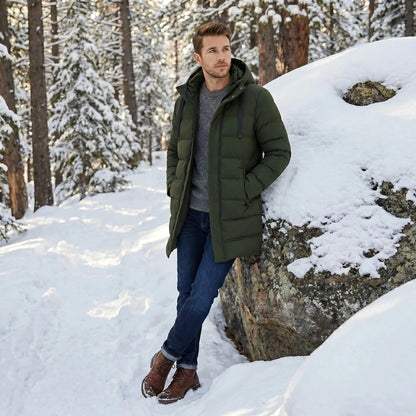 Close up view of the mens modern longline quilted winter jacket showing intricate stitching and premium fabric texture against a neutral background.