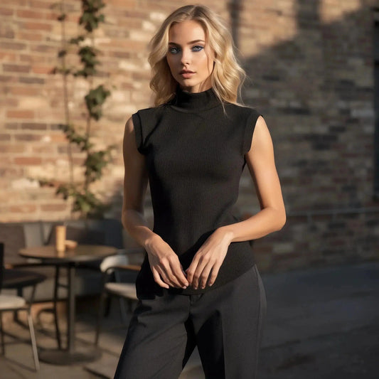 Woman wearing a black sleeveless turtleneck top, standing outdoors against a brick wall, hands clasped