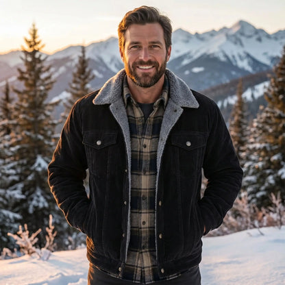 A model showcases the Men's Rugged Cozy Winter Jacket in a deep navy color, styled with casual jeans against a minimalist outdoor backdrop.