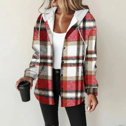 View of a relaxed fit plaid winter jacket in shades of red and black, featuring a button up closure and two pockets