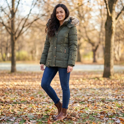 View of a fitted winter puffer jacket in deep green, featuring a high collar and quilted texture