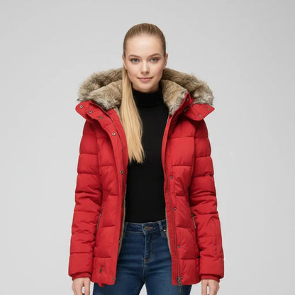 Elegant fitted winter puffer jacket in deep green, featuring a high collar and subtle quilted texture, view