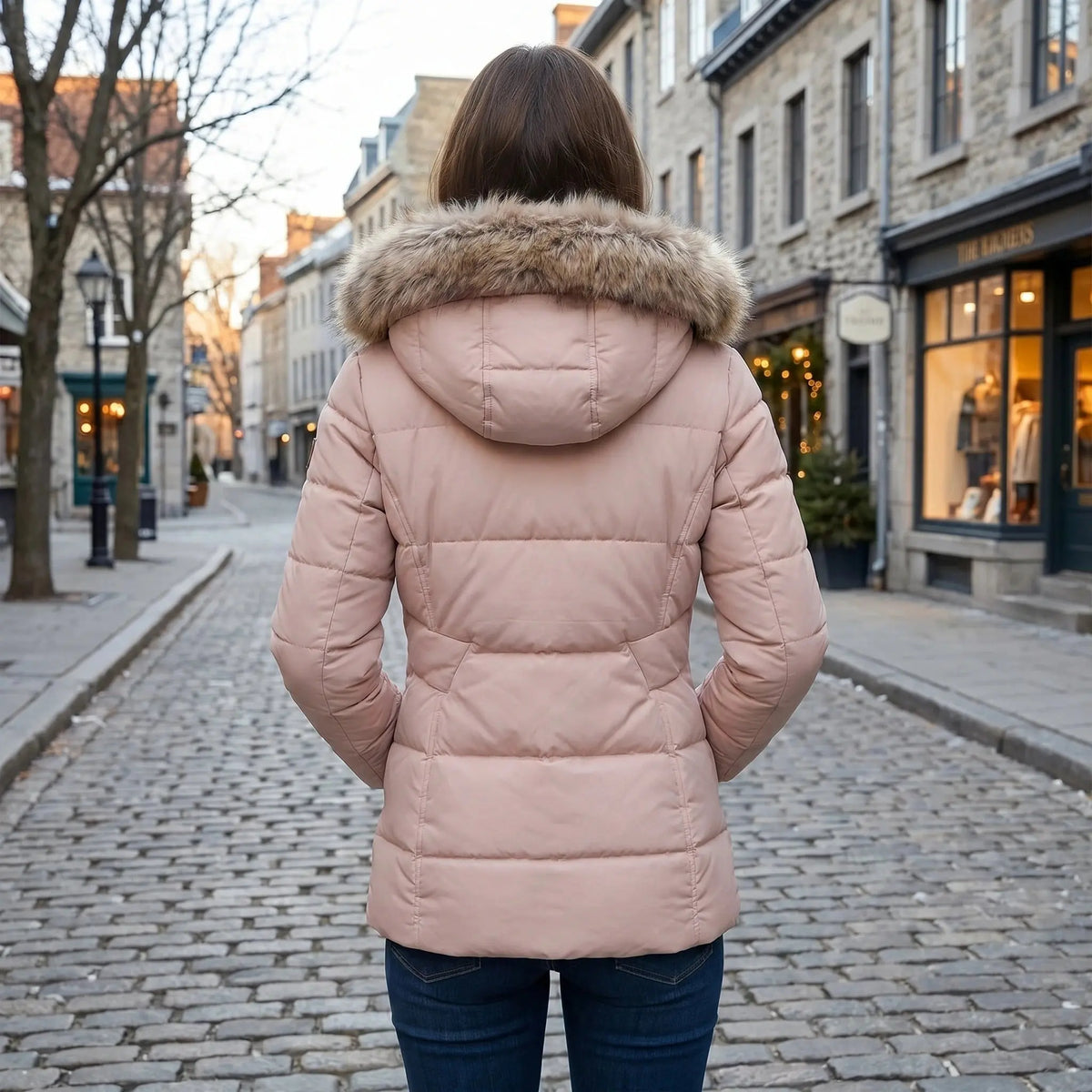 View of a fitted winter puffer jacket in deep green, featuring a high collar and quilted texture