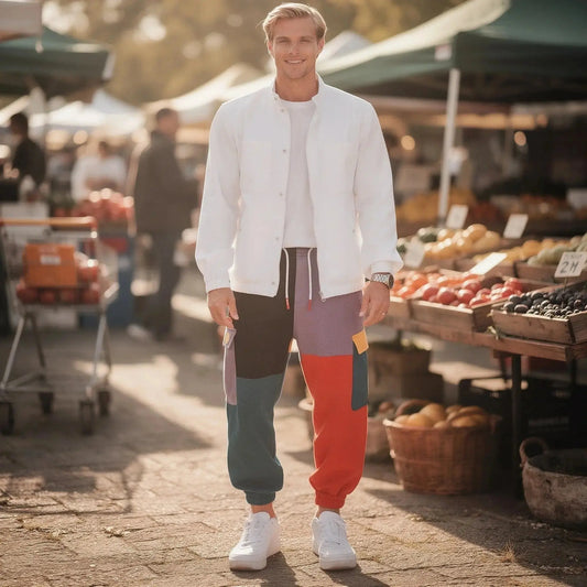 Man wearing colorful patchwork cargo joggers, white jacket, and sneakers, standing at an outdoor market