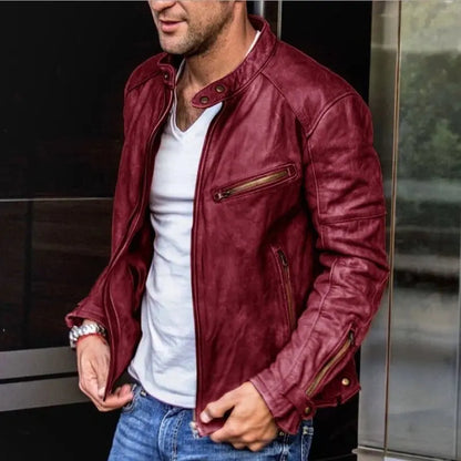 View of a durable autumn jacket in deep green, featuring a stand collar, buttoned pockets, and textured fabric