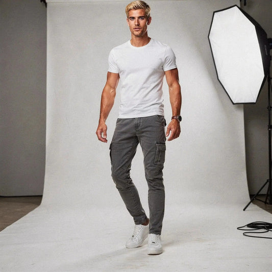 Man wearing grey slim fit cargo trousers and white t shirt, standing with one leg slightly forward