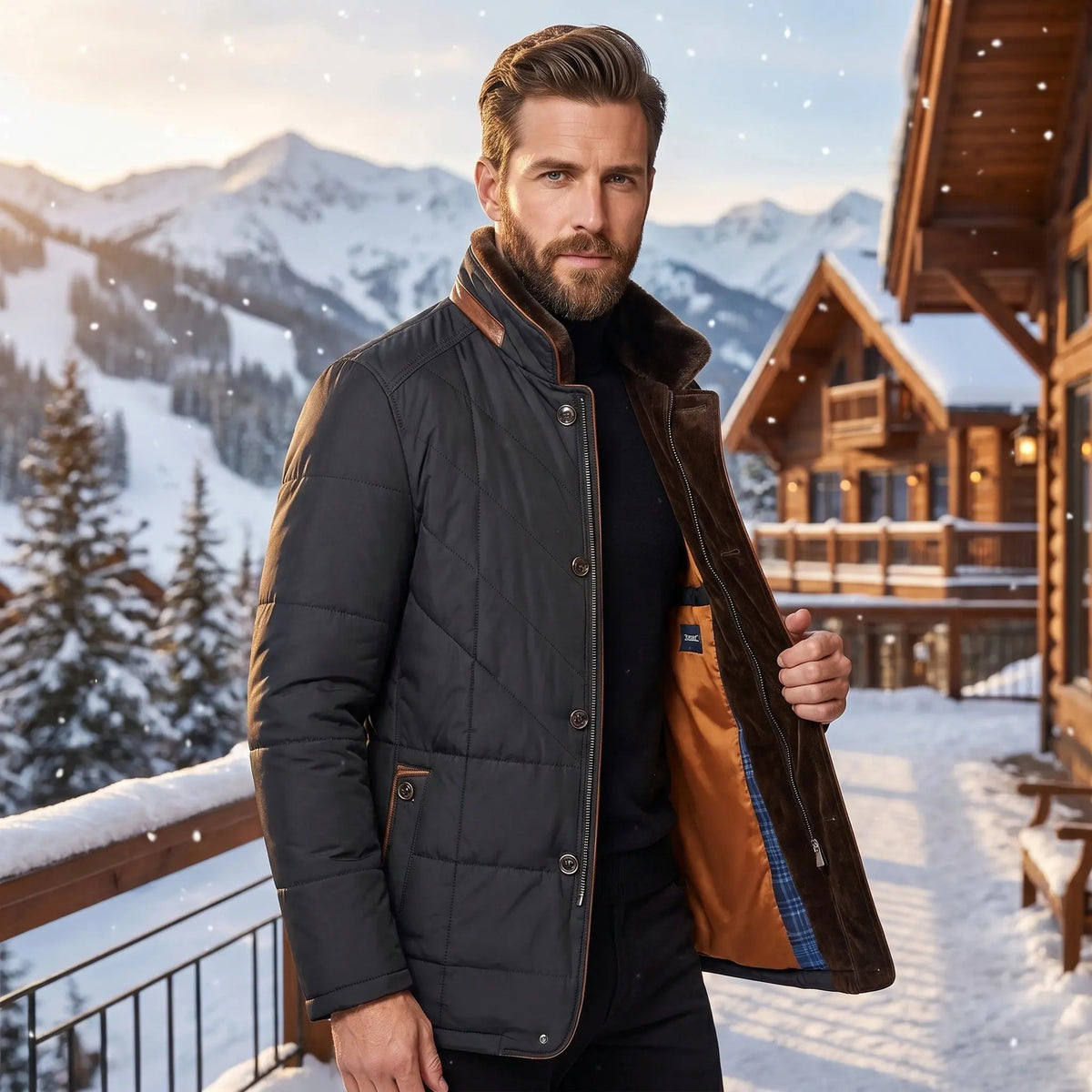 Close up of the mens luxurious winter jacket showing its premium fabric, intricate stitching, and sophisticated design elements, perfect for office wear.