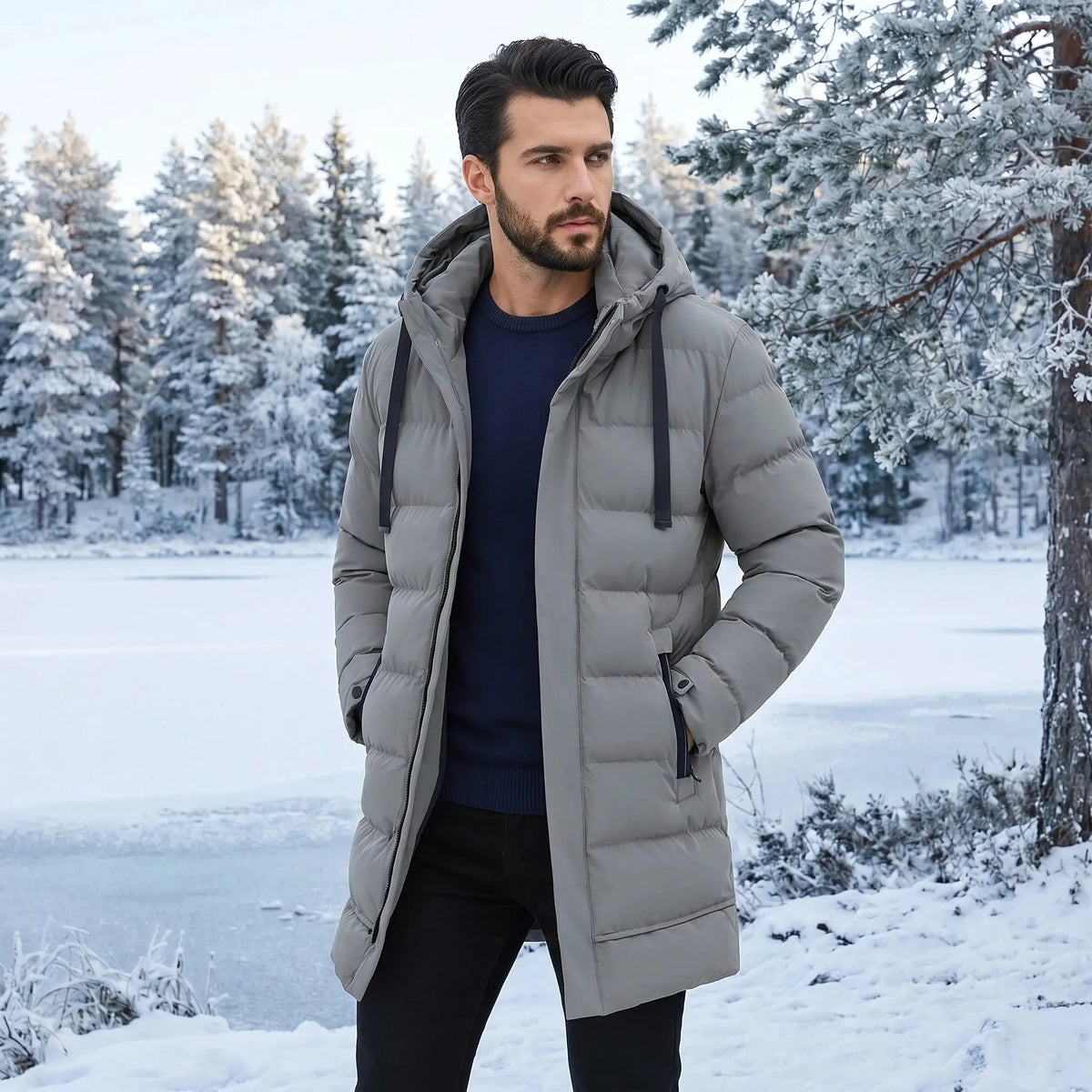 A male model showcases a sleek navy blue mens modern longline quilted winter jacket, styled with casual winter attire against a neutral backdrop.