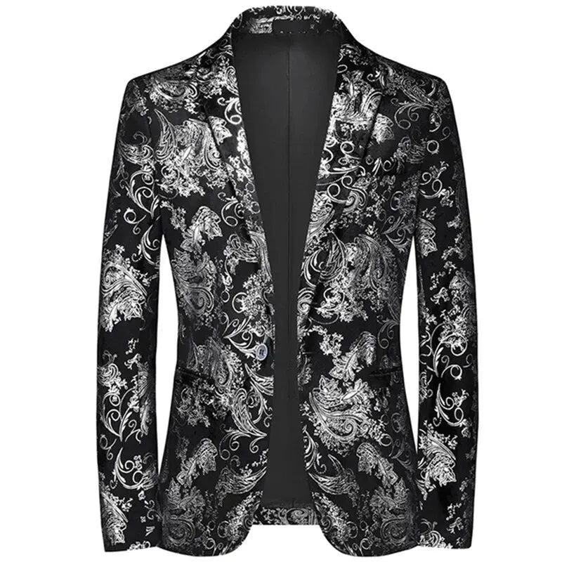 View of a modern tailored blazer in deep navy, featuring a sleek silhouette and subtle textured fabric