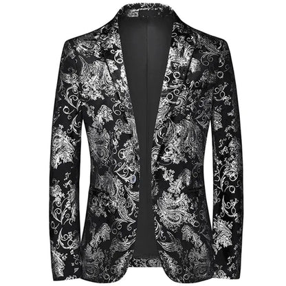 View of a modern tailored blazer in deep navy, featuring a sleek silhouette and subtle textured fabric