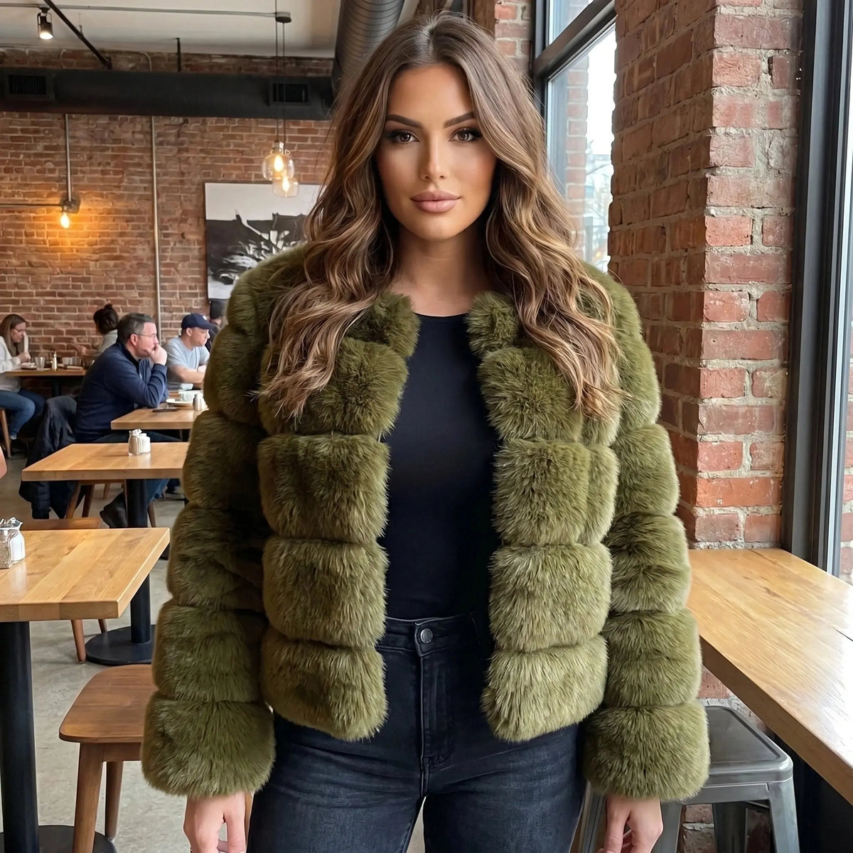 View of a luxurious fluffy autumn coat in soft beige, featuring a cozy collar and relaxed fit