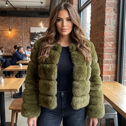 View of a luxurious fluffy autumn coat in soft beige, featuring a cozy collar and relaxed fit