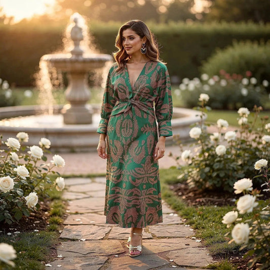 Woman wearing green and gold patterned A line maxi dress, standing in garden near fountain, sunset background