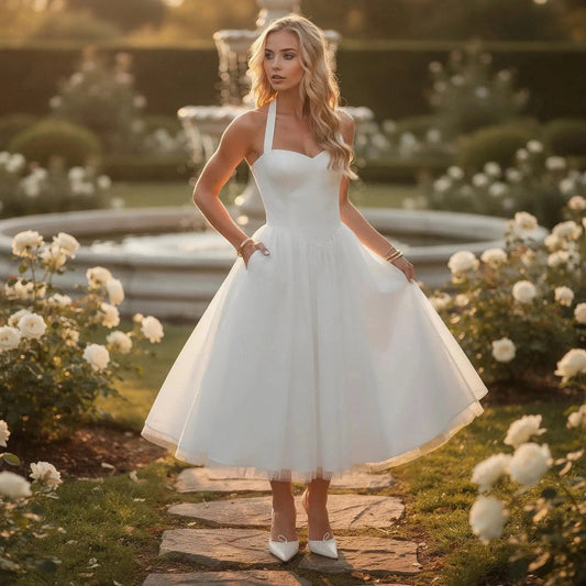 Woman wearing a white halter neck midi dress standing in a garden surrounded