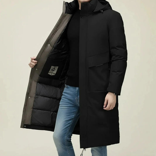 View of a modern insulated winter parka in dark green, featuring a zippered , adjustable hood, and multiple pockets