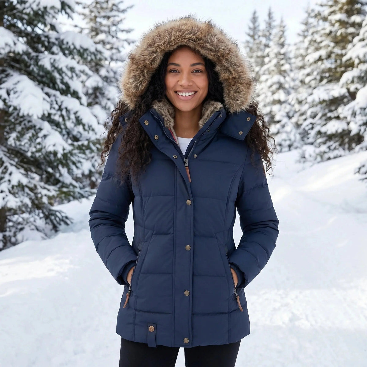 View of a fitted winter puffer jacket in deep green, featuring a high collar and zippered pockets