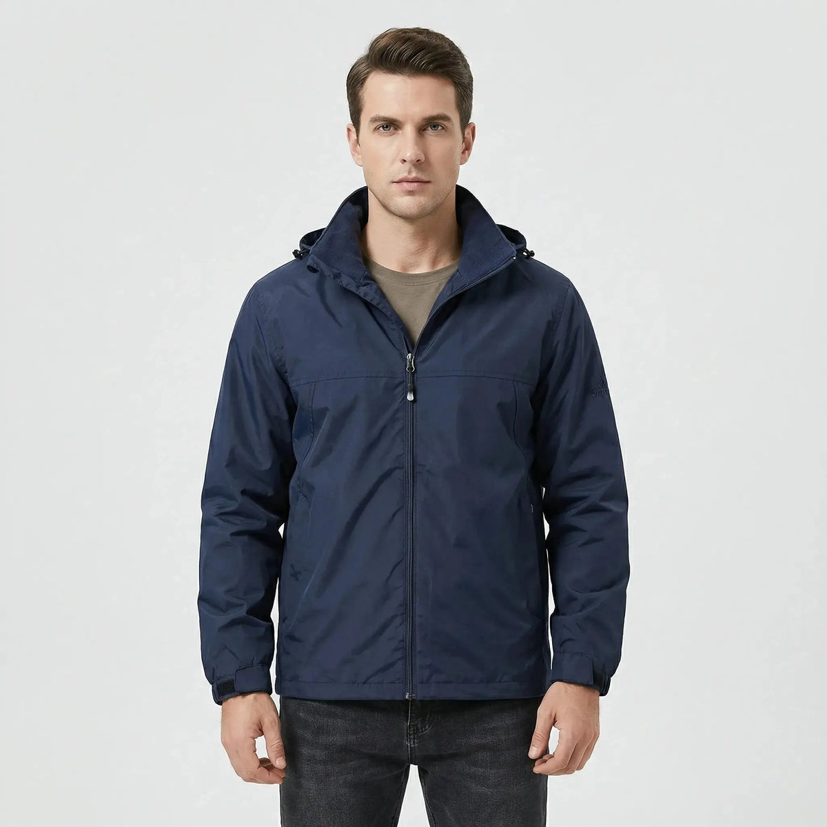View of a sleek autumn jacket in deep green, featuring a high collar and subtle stitching details