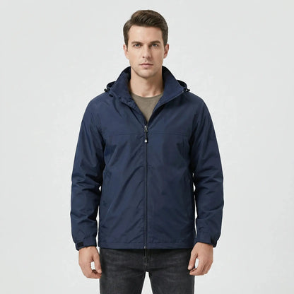 View of a sleek autumn jacket in deep green, featuring a high collar and subtle stitching details