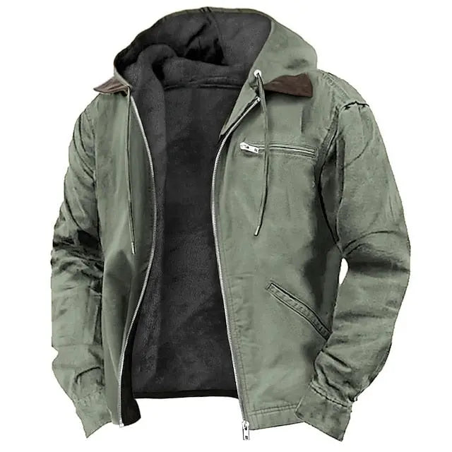 View of a modern outdoor jacket in dark green, featuring a hood and adjustable cuffs