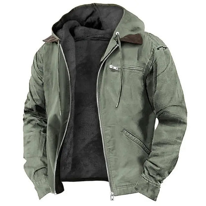 View of a modern outdoor jacket in dark green, featuring a hood and adjustable cuffs