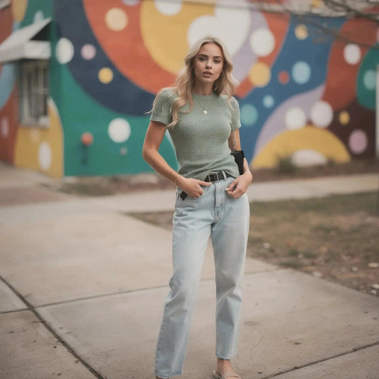 Woman wearing green cropped T shirt and light blue jeans, standing on sidewalk with colorful mural background