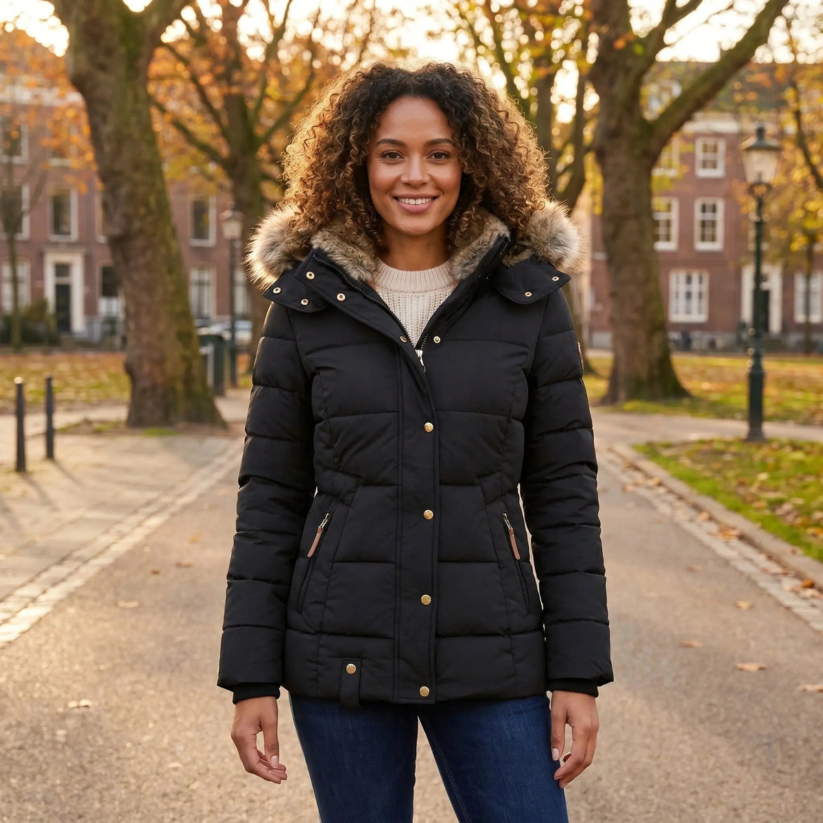 View of a fitted winter puffer jacket in deep burgundy, featuring a high collar and quilted texture