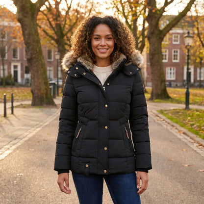 View of a fitted winter puffer jacket in deep burgundy, featuring a high collar and quilted texture