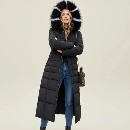 View of a chic quilted winter jacket in deep burgundy, featuring a fitted silhouette and cozy high collar