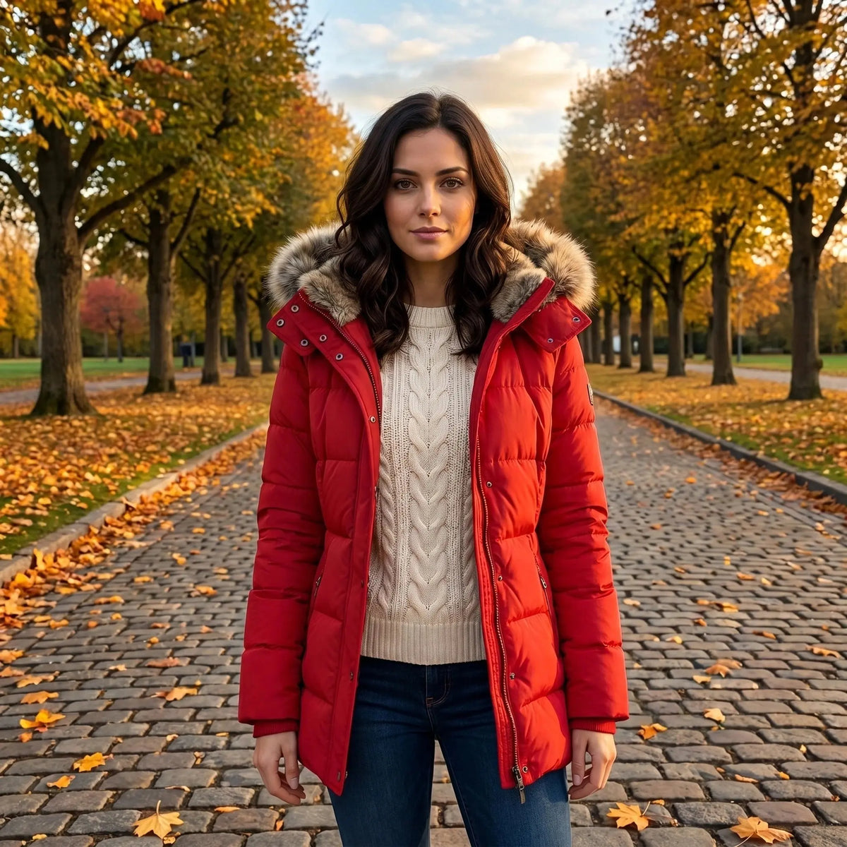 View of a fitted winter puffer jacket in deep burgundy, featuring a high collar and quilted texture