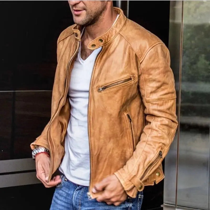 View of a durable autumn jacket in rich olive green, featuring a zip closure and pockets