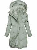 View of an elegant insulated winter puffer jacket in deep burgundy, featuring a zip up and a fitted silhouette