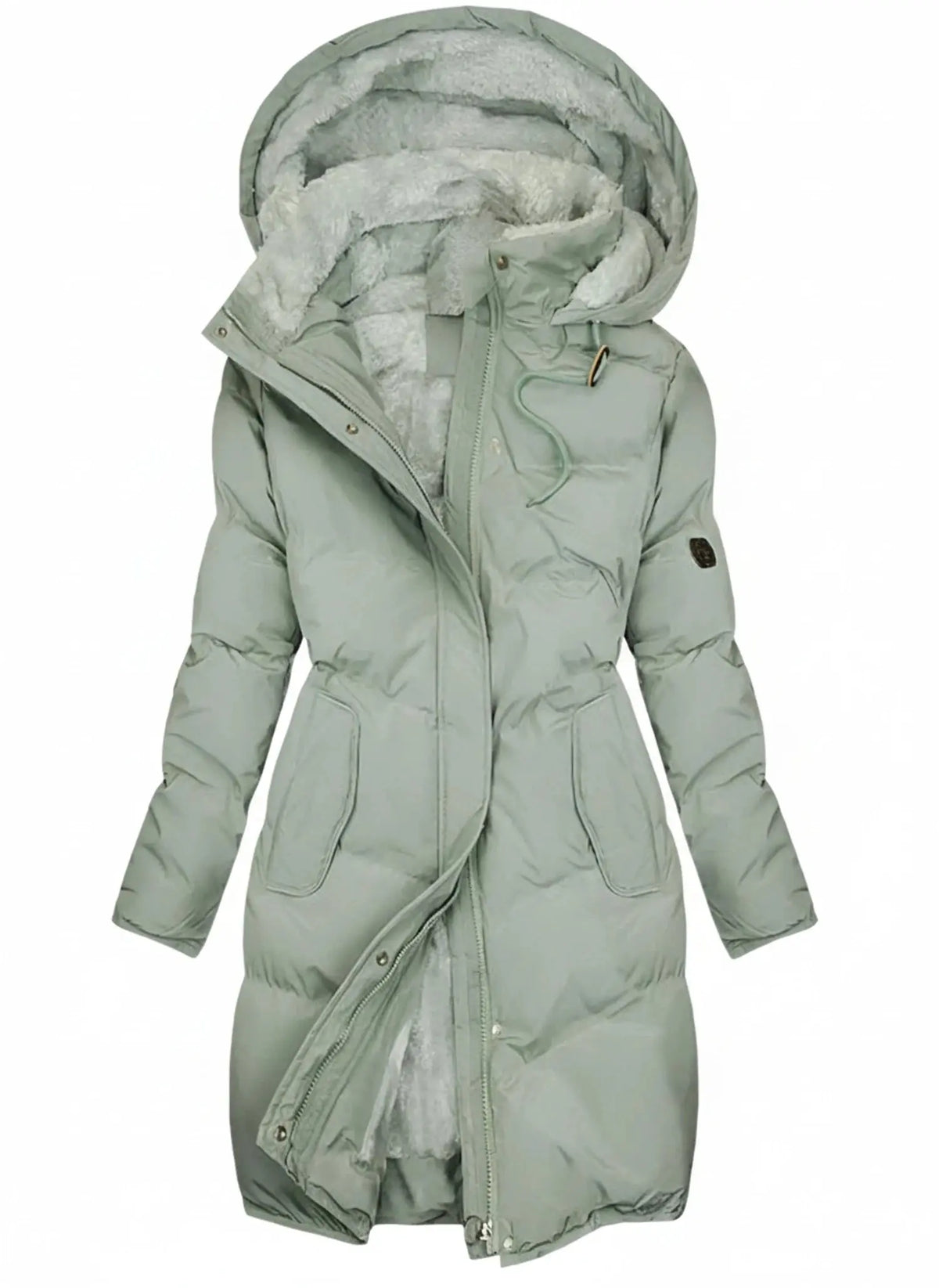 View of an elegant insulated winter puffer jacket in deep burgundy, featuring a zip up and a fitted silhouette