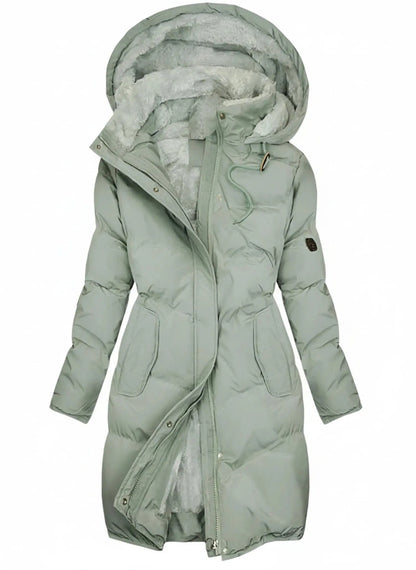 View of an elegant insulated winter puffer jacket in deep burgundy, featuring a zip up and a fitted silhouette