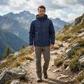 View of a water repellent outdoor jacket in dark gray, featuring a zippered , adjustable hood, and pockets