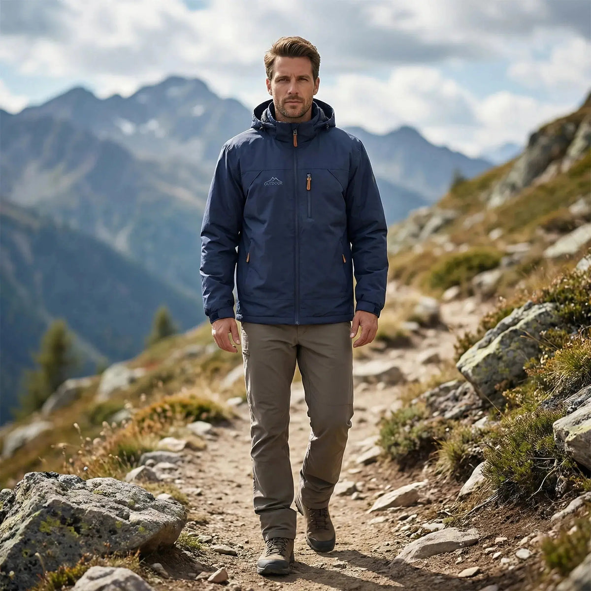 View of a water repellent outdoor jacket in dark gray, featuring a zippered , adjustable hood, and pockets