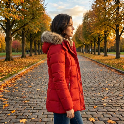 View of a fitted winter puffer jacket in deep green, featuring a high collar and quilted texture