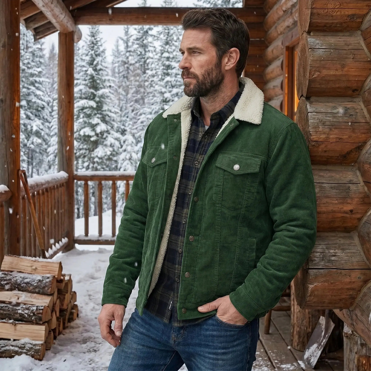 Close up view of the Mens Rugged Cozy Winter Jacket showing the detailed stitching and textured fabric in a rich, earthy color, perfect for winter wear.