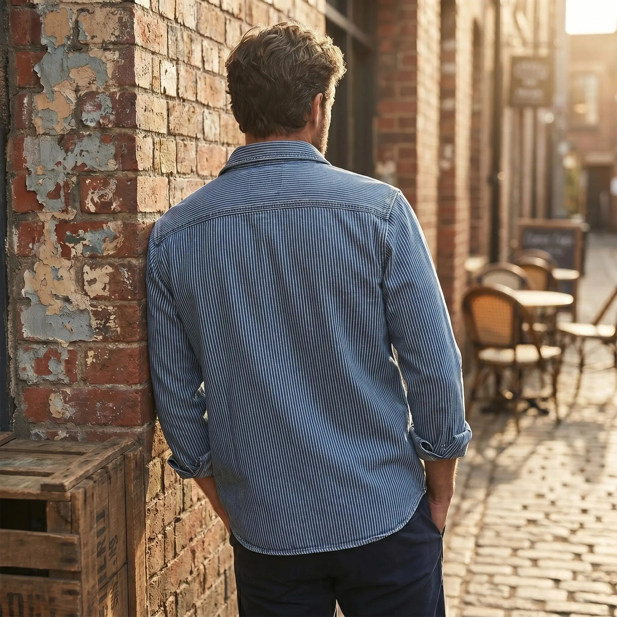 Close up view of the Mens Timeless Striped Denim Shirt showing the fabric texture, detailed stitching, and classic striped pattern for enhanced casual style.