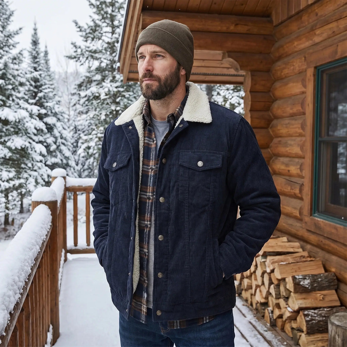 Close up of the Men's Rugged Cozy Winter Jacket showing the textured fabric, precise stitching, and warm color palette against a neutral background.