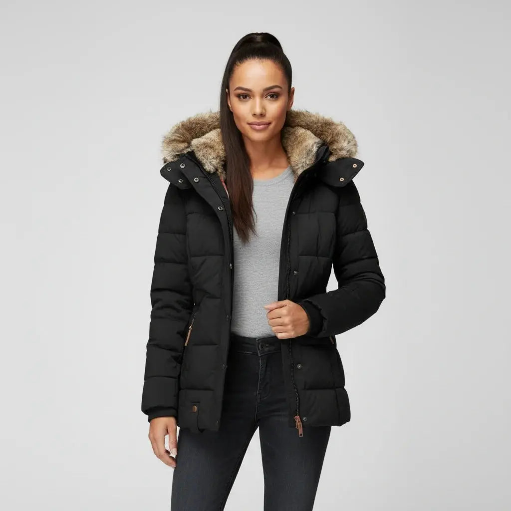 Elegant fitted winter puffer jacket in deep burgundy, featuring a zipper and high collar, view