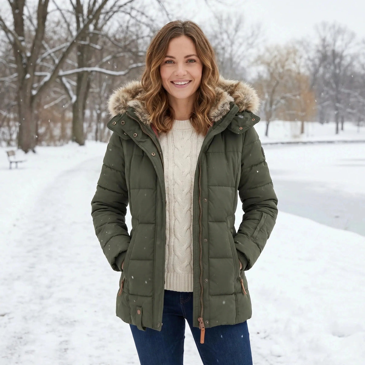 View of a fitted winter puffer jacket in deep green, featuring a high collar and quilted texture