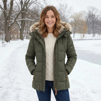 View of a fitted winter puffer jacket in deep green, featuring a high collar and quilted texture