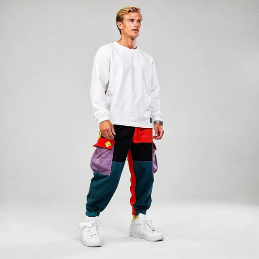 Man wearing colorful cargo joggers with purple, red, and teal patches, white sweatshirt, and sneakers