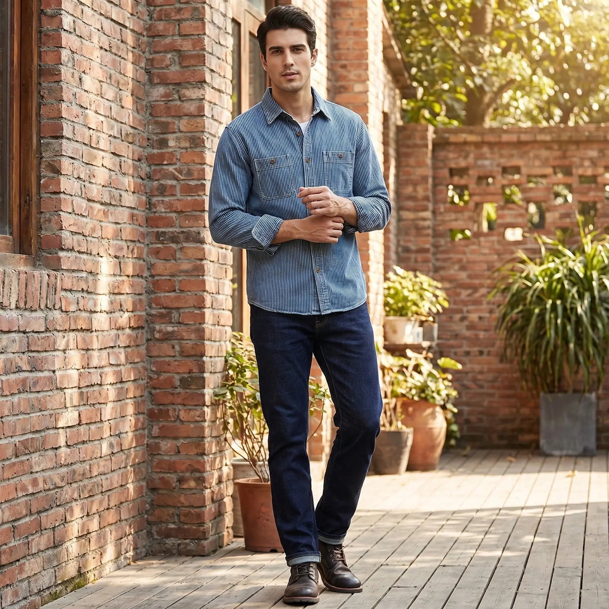 A model showcases the Mens Timeless Striped Denim Shirt in a full front view, styled with complementary pieces against a neutral background.