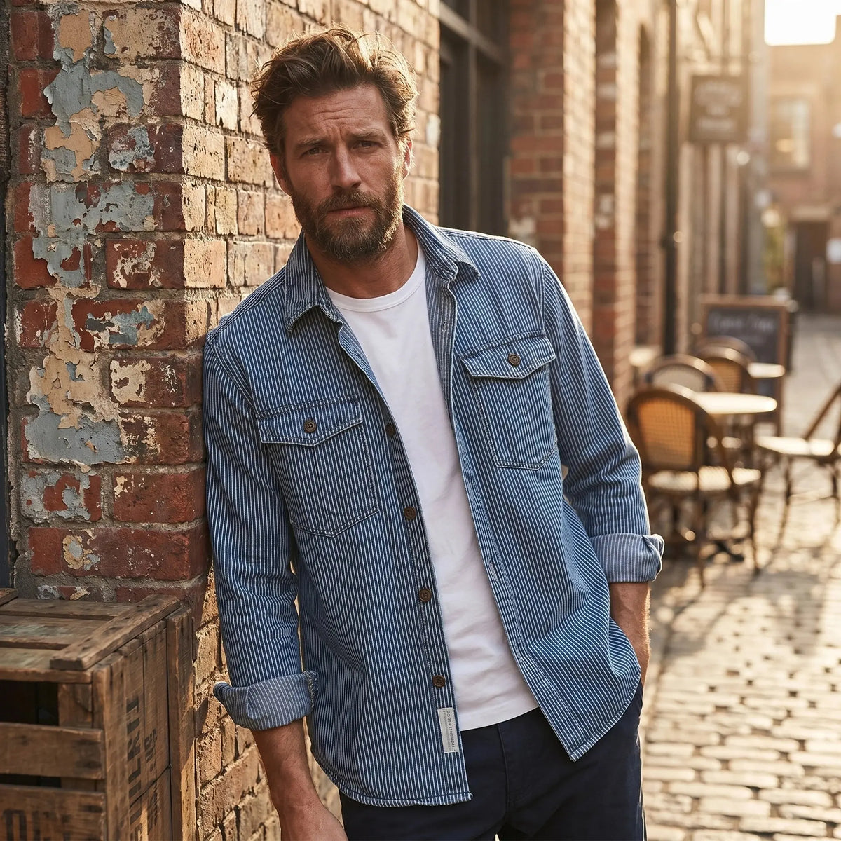 Back view of the Men's Timeless Striped Denim Shirt showing its construction details, showing a classic fit and striped pattern against a neutral background.