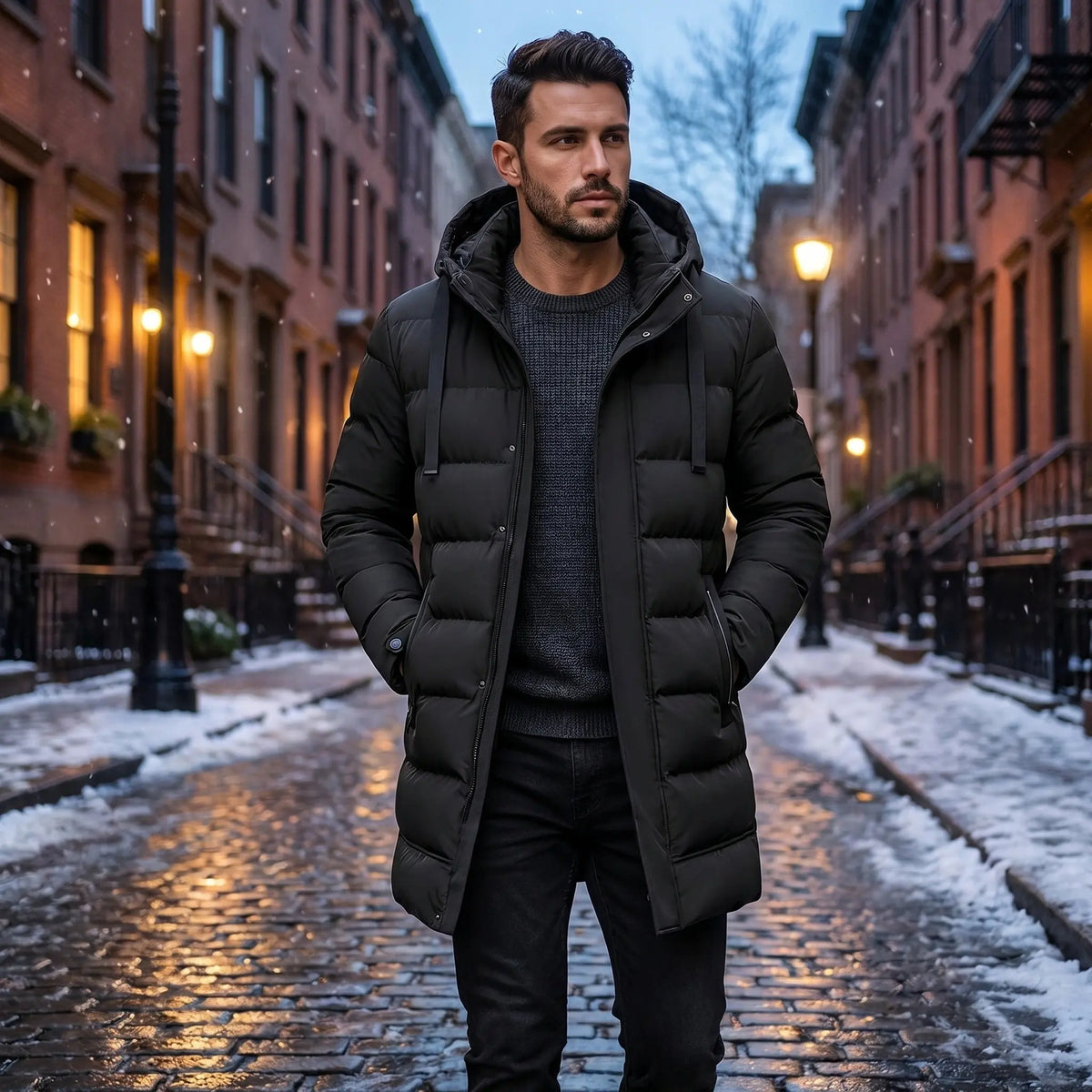 Close up view of the mens modern longline quilted winter jacket showing the intricate stitching and luxurious fabric texture in a sleek black color.