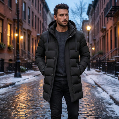 Close up view of the mens modern longline quilted winter jacket showing the intricate stitching and luxurious fabric texture in a sleek black color.