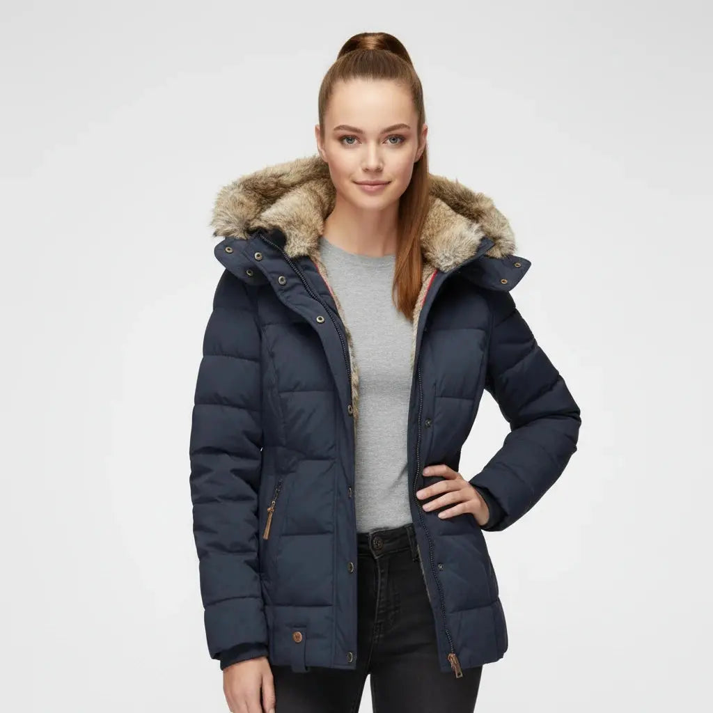 View of a fitted winter puffer jacket in deep green, featuring a high collar and quilted texture