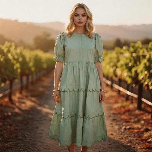 Woman wearing light green A line midi dress with puff sleeves, standing in vineyard at sunset