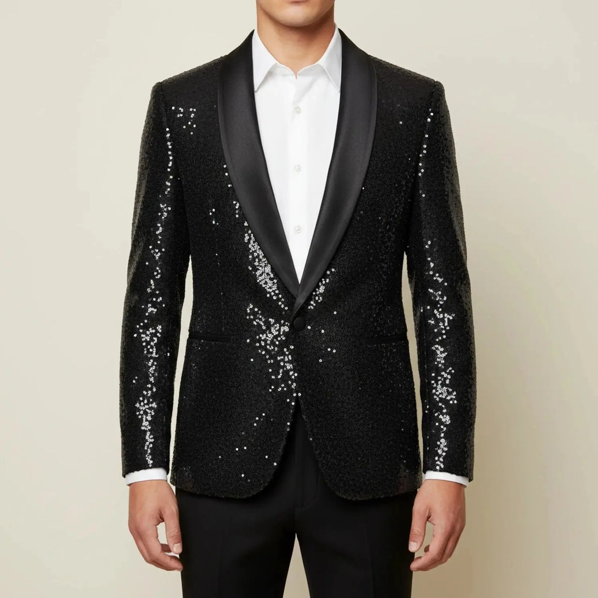 View of a slim evening blazer in dazzling blue fabric, featuring a tailored fit and sleek lapels